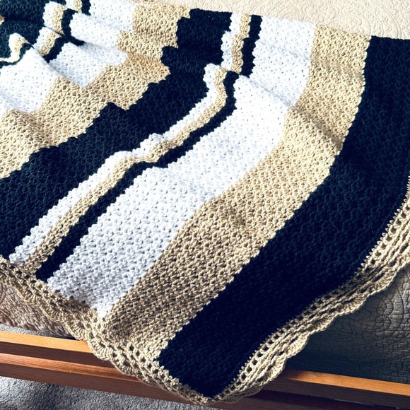 Handmade Crochet Afghan Blanket Stripe Tan Black White Throw 52x44 New Cozy Gift - Picture 2 of 5